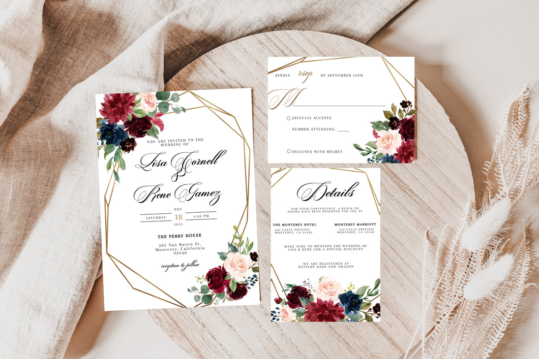 Autumn Fall Burgundy, Navy Blue Floral with Gold Geometrical Frame Wedding Invitation Suite Editable Template or Printed