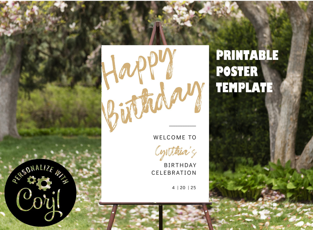 Modern White and Gold Happy Birthday Welcome Sign Poster Editable Template, Instant Download