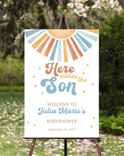 Load image into Gallery viewer, Here Comes The Son Blue Brown Sun Sonshine Baby Shower Invitation Bundle with Games and More
