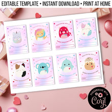 Load image into Gallery viewer, Squishmallow Squish-Themed Rainbow Squishy Valentines Day Cards for School Editable Template, Instant Download Printable
