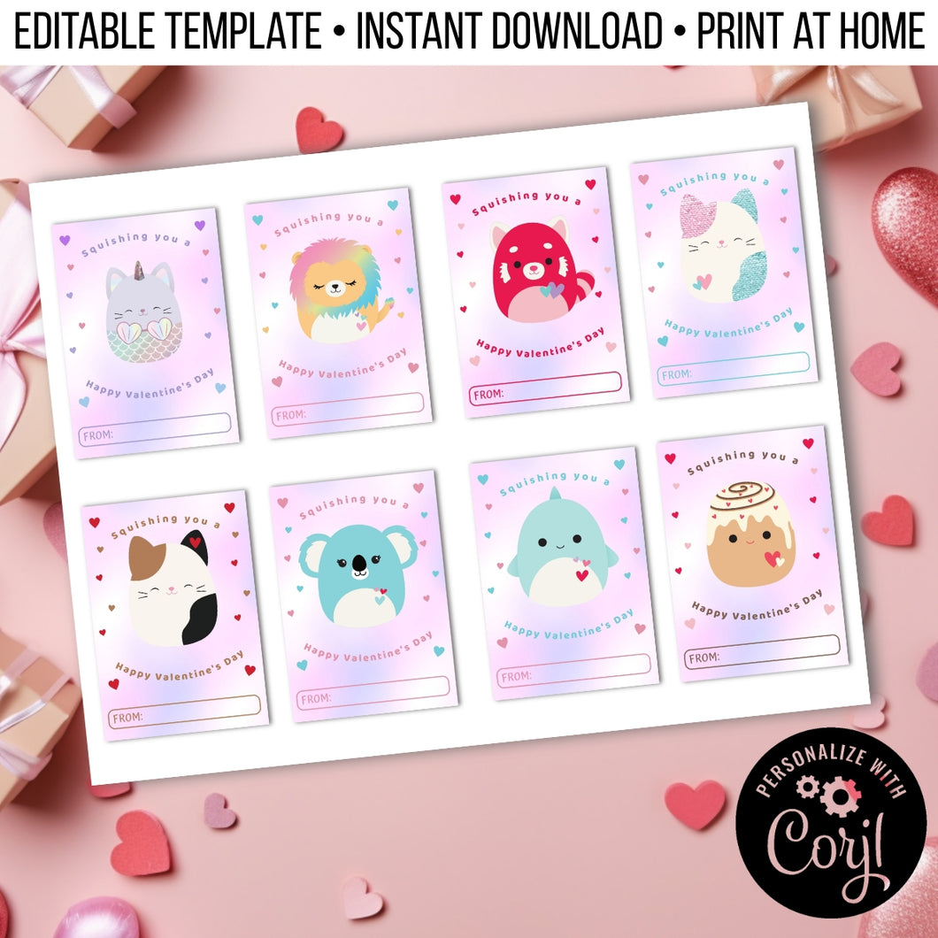 Squishmallow Squish-Themed Rainbow Squishy Valentines Day Cards for School Editable Template, Instant Download Printable