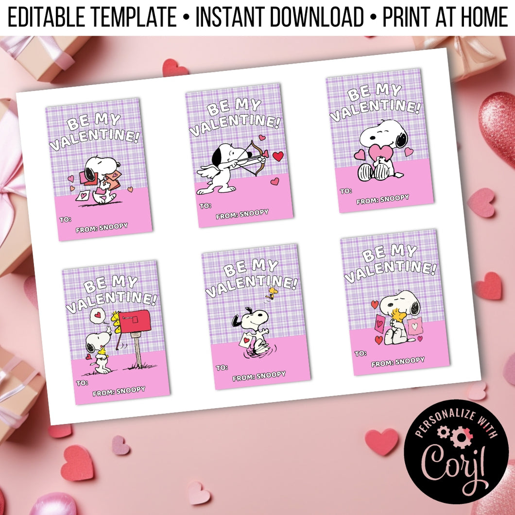 Snoopy Themed Valentines Day Cards for School Editable Template, Instant Download Printable