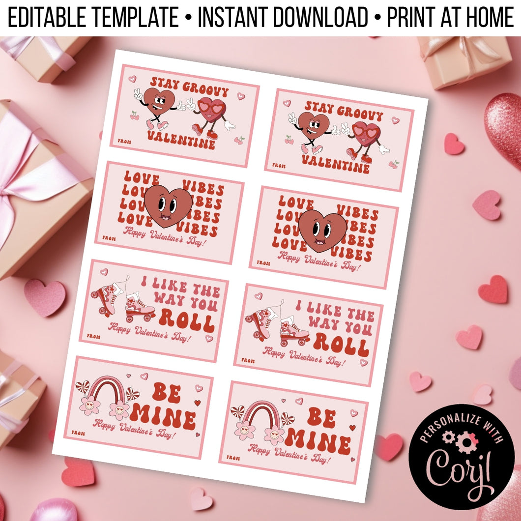 Retro Characters Valentine Cards for School Editable Template, Instant Download Printable