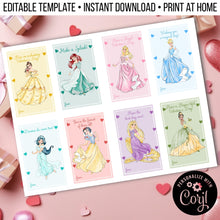 Load image into Gallery viewer, Disney Land Princess Valentine&#39;s Day Cards for School Editable Template, Instant Download Printable
