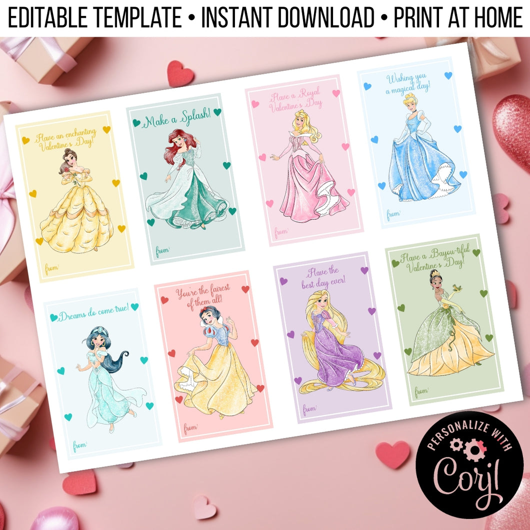 Disney Land Princess Valentine's Day Cards for School Editable Template, Instant Download Printable