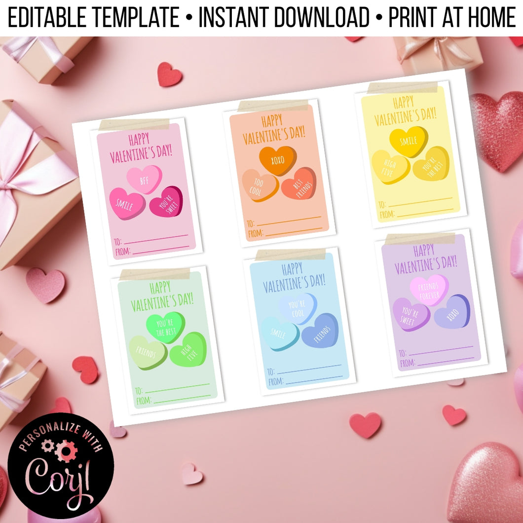 Candy Hearts Valentine Conversation Cards for School Editable Template, Instant Download Printable