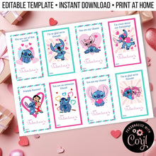 Load image into Gallery viewer, Lilo &amp; Stitch Theme Inspired Valentine&#39;s Day Cards for School Editable Template, Instant Download Printable
