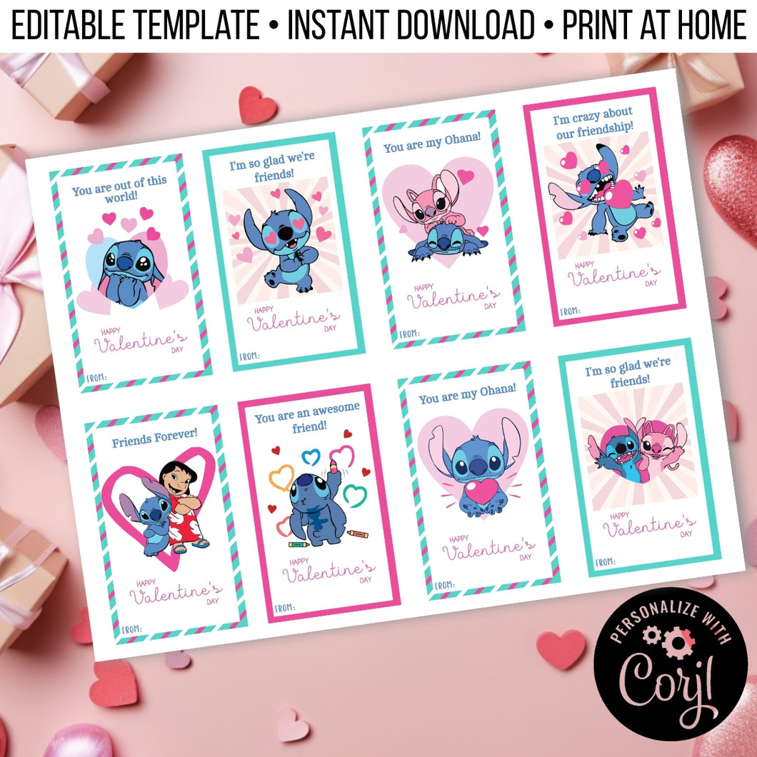 Lilo & Stitch Theme Inspired Valentine's Day Cards for School Editable Template, Instant Download Printable