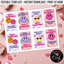 Load image into Gallery viewer, Groovy Smiley Retro Valentine Cards for School Editable Template, Instant Download Printable
