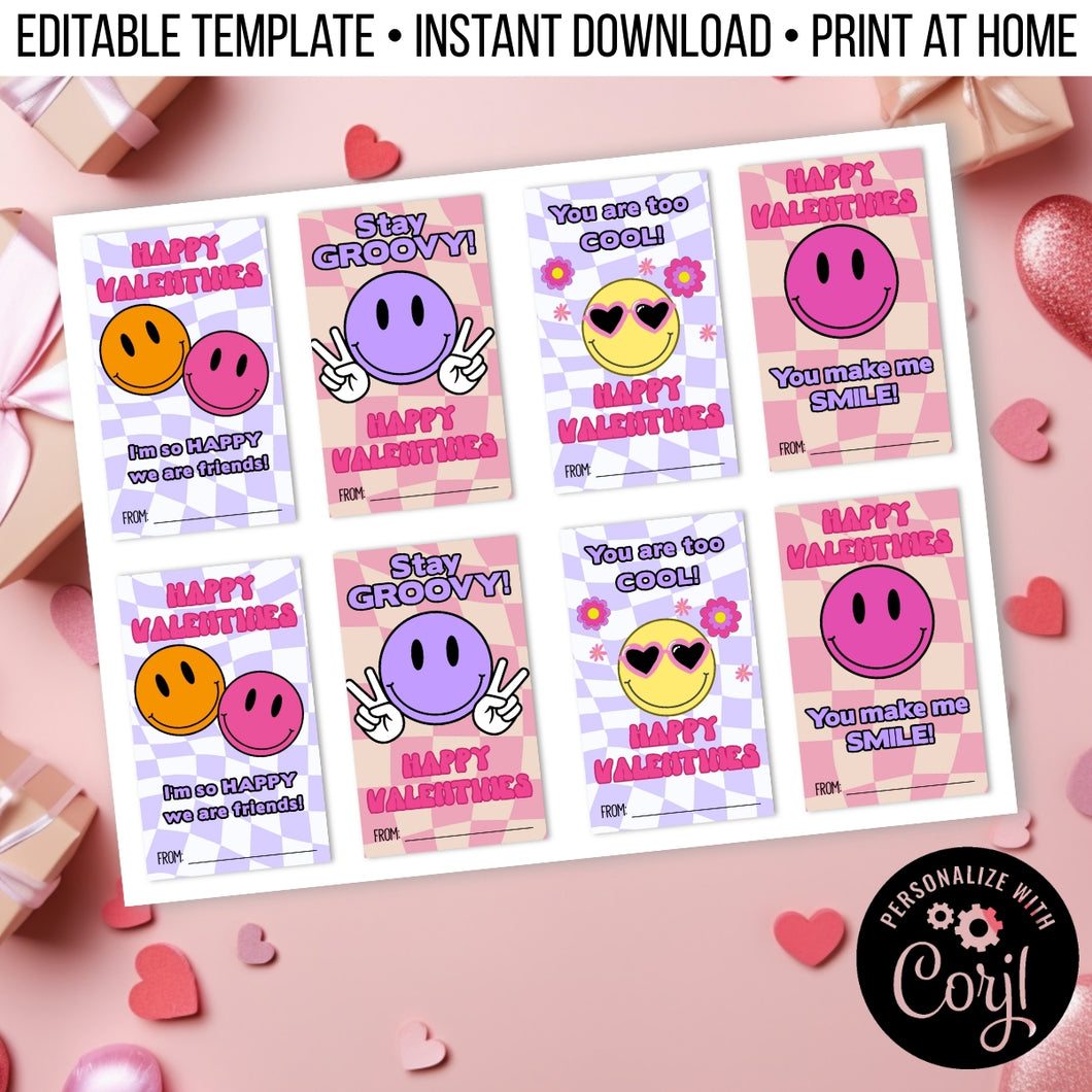 Groovy Smiley Retro Valentine Cards for School Editable Template, Instant Download Printable