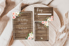 Load image into Gallery viewer, Countryside Rustic Wood &amp; Pink with White Flowers Wedding Invitation Suite Editable Template, Instant Download or Printed
