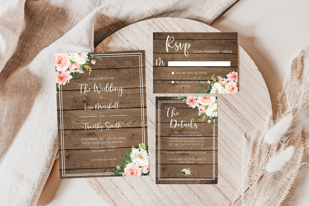 Countryside Rustic Wood & Pink with White Flowers Wedding Invitation Suite Editable Template, Instant Download or Printed