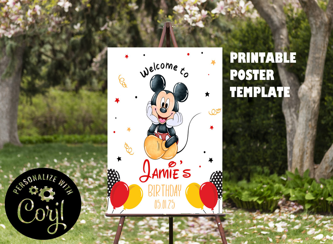 Mickey Mouse Clubhouse Boy Birthday Party Welcome Sign Poster Editable Template, Instant Download