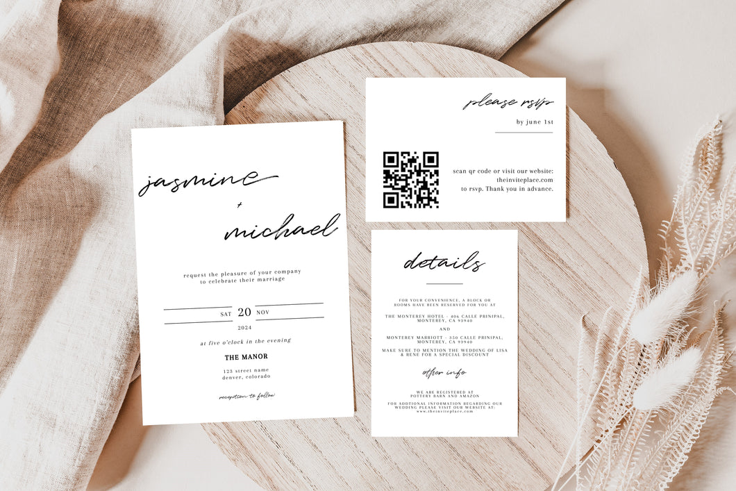 Modern Cursive Black & White Wedding Invitation Suite Editable Template, Instant Download or Printed