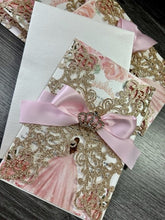 Load image into Gallery viewer, Rose Gold &amp; Light Dusty Pink Floral Crown Rhinestone Rose Gold Glitter Laser Cut Gate Fold Quinceanera Sweet Sixteen Elegant Birthday Invitation
