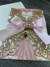 Load image into Gallery viewer, Rose Gold &amp; Light Dusty Pink Floral Crown Rhinestone Rose Gold Glitter Laser Cut Gate Fold Quinceanera Sweet Sixteen Elegant Birthday Invitation
