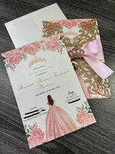 Load image into Gallery viewer, Rose Gold &amp; Light Dusty Pink Floral Crown Rhinestone Rose Gold Glitter Laser Cut Gate Fold Quinceanera Sweet Sixteen Elegant Birthday Invitation
