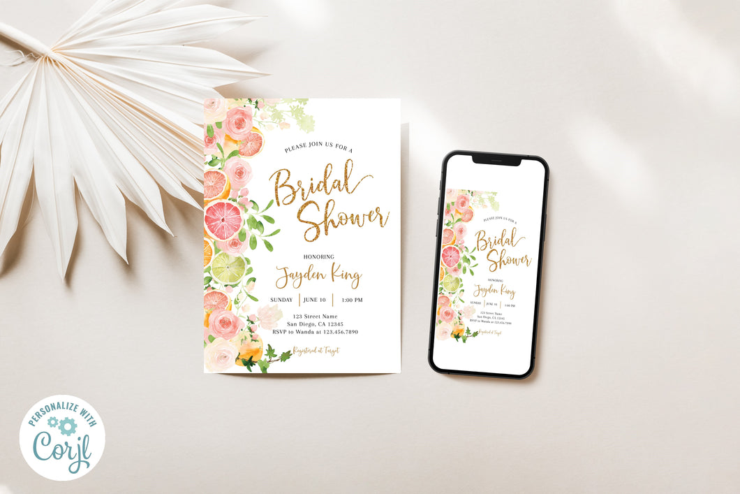 Summer Citrus Fruit Grapefruit & Orange & Gold Bridal Shower Invitation Digital Template