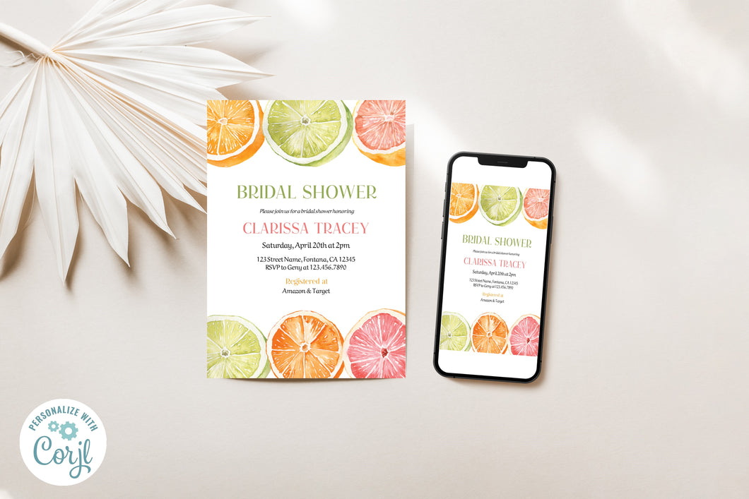 Modern Summer Citrus Fruit Grapefruit & Oranges Bridal Shower Invitation Digital Template