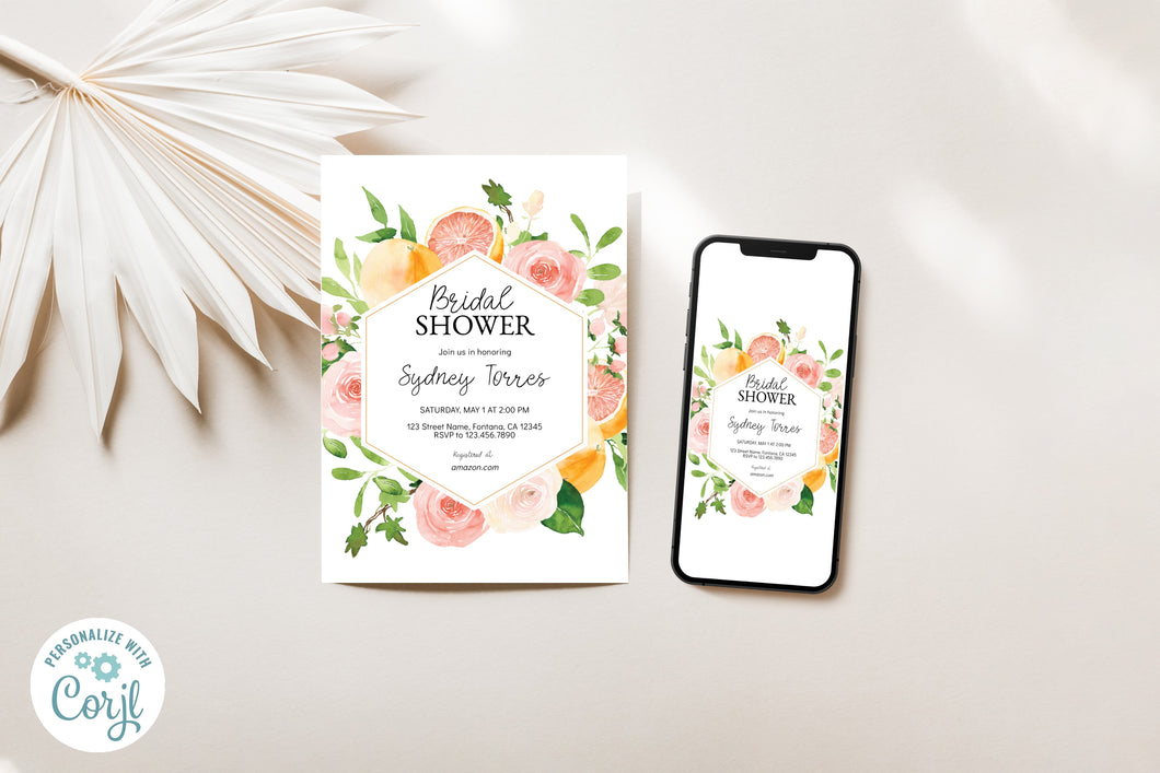 Summer Fruit & Floral Grapefruit Framed Bridal Shower Invitation Digital Template