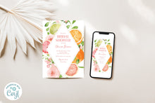 Load image into Gallery viewer, Summer Fruit &amp; Flowers Grapefruit Diamond Bridal Shower Invitation Digital Template
