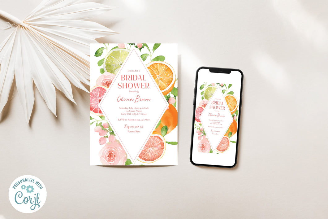 Summer Fruit & Flowers Grapefruit Diamond Bridal Shower Invitation Digital Template