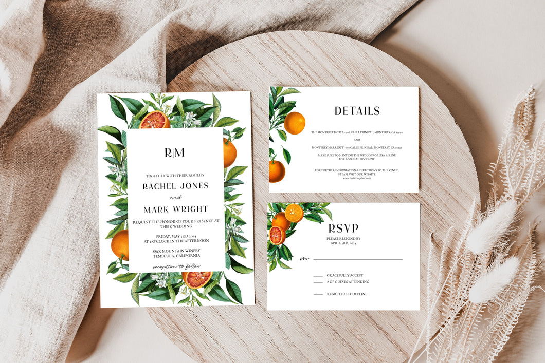 Modern Monogram Orange Citrus Wedding Invitation Suite