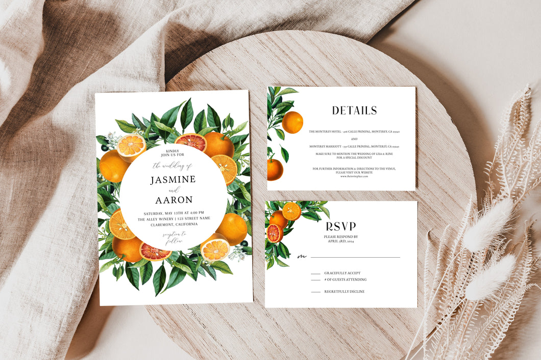 Modern Orange & Citrus Round Frame Wedding Invitation Suite