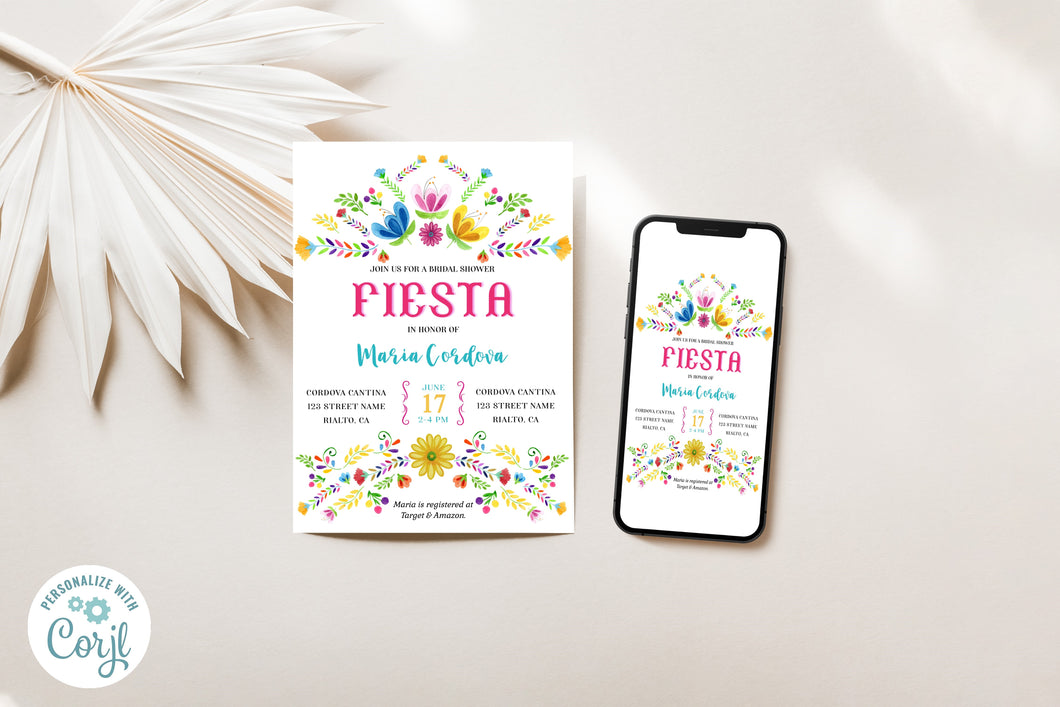 Mexican Bright Flowers Bridal Shower Fiesta Invitation Digital Template