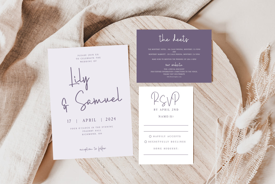 Light Purple Lilac Lavender Minimalist Wedding Invitation Suite