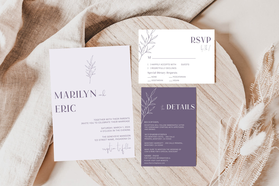 Light Purple Lilac Lavender Minimalist Leaf Wedding Invitation Suite