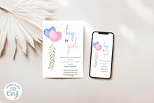 Load image into Gallery viewer, Blue &amp; Pink Heart Balloons Gender Reveal Invitation Editable Template, Instant Download
