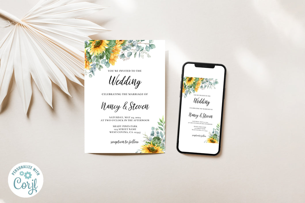 Sunflowers and Eucalyptus Wedding Invitation Template