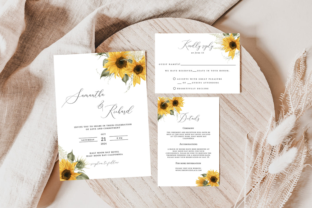 Yellow Simple Sunflowers Wedding Invitation Suite