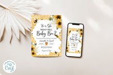 Load image into Gallery viewer, What Will Baby Bee? Yellow Sunflower Honeycombs Gender Reveal Invitation Editable Template, Instant Download
