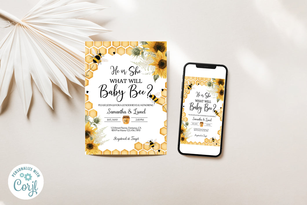 What Will Baby Bee? Yellow Sunflower Honeycombs Gender Reveal Invitation Editable Template, Instant Download