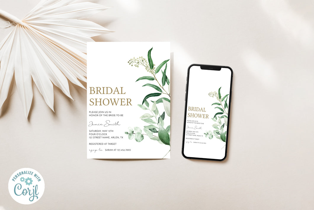 Soft Spring Green Eucalyptus Bridal Shower Invitation Digital Template