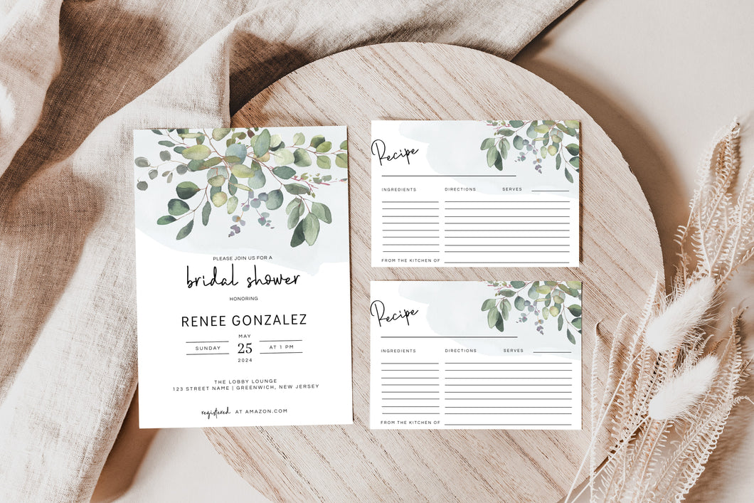 Bloom of Green Eucalyptus Bridal Shower Invitation & Recipe Card Editable Template, Instant Download