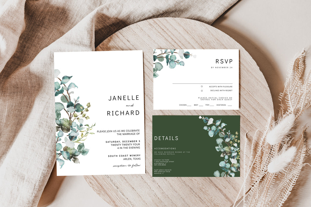 Modern Sage Green Eucalyptus Leaf Wedding Invitation Suite Editable Template or Printed