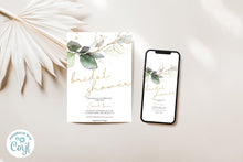 Load image into Gallery viewer, Gold and Green Eucalyptus Leaf Bridal Shower Invitation Editable Template, Instant Download
