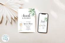 Load image into Gallery viewer, Eucalytpus &amp; Champagne Brunch &amp; Bubbly Bridal Shower Invitation Editable Template, Instant Download
