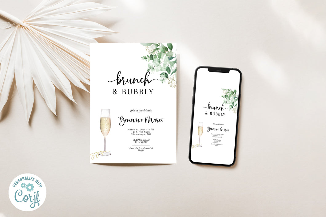 Eucalytpus & Champagne Brunch & Bubbly Bridal Shower Invitation Editable Template, Instant Download