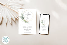 Load image into Gallery viewer, Golden Sage Eucalyptus Wreath Wedding Invitation Editable Template, Instant Download
