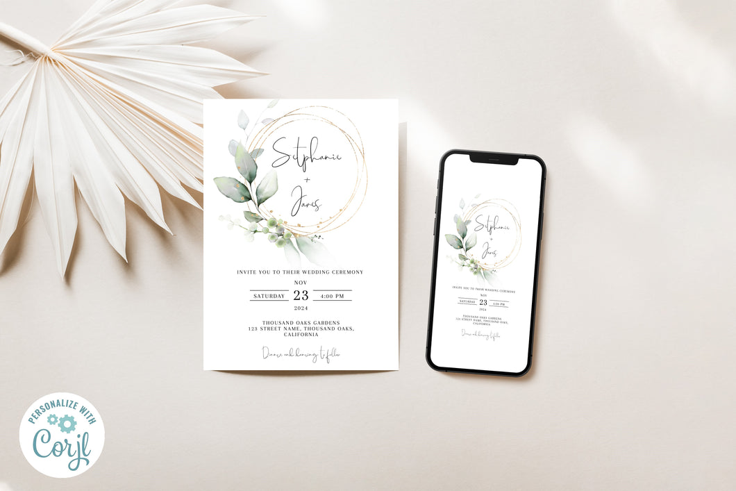 Golden Sage Eucalyptus Wreath Wedding Invitation Editable Template, Instant Download