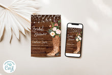 Load image into Gallery viewer, Boho Pink Floral Cowgirl Boot Rustic Country String Lights Bridal Shower Invitation Editable Template, Instant Download
