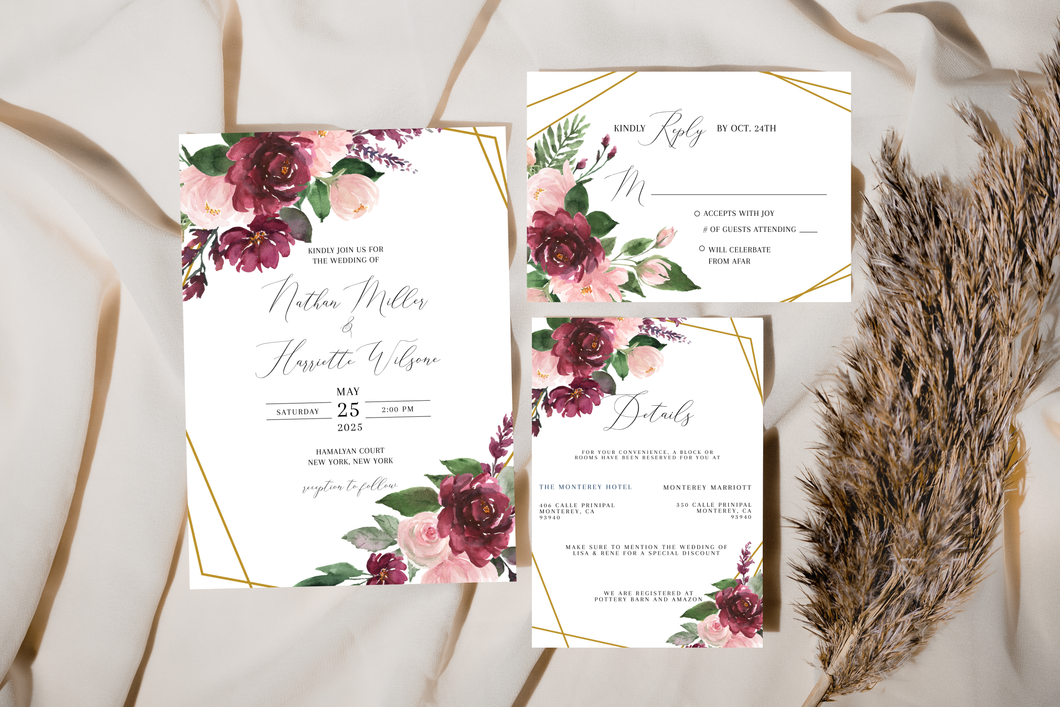 Marsala Burgundy and Blush Pink Flowers Gold Wedding Invitation Suite