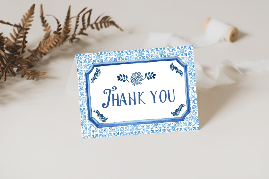 Blue and White Talavera Mexican Wedding Thank You Cards - Set of 20