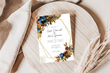 Load image into Gallery viewer, Autumn Rise Orange &amp; Navy Blue with Gold Geometrical Frame Wedding Invitation Suite
