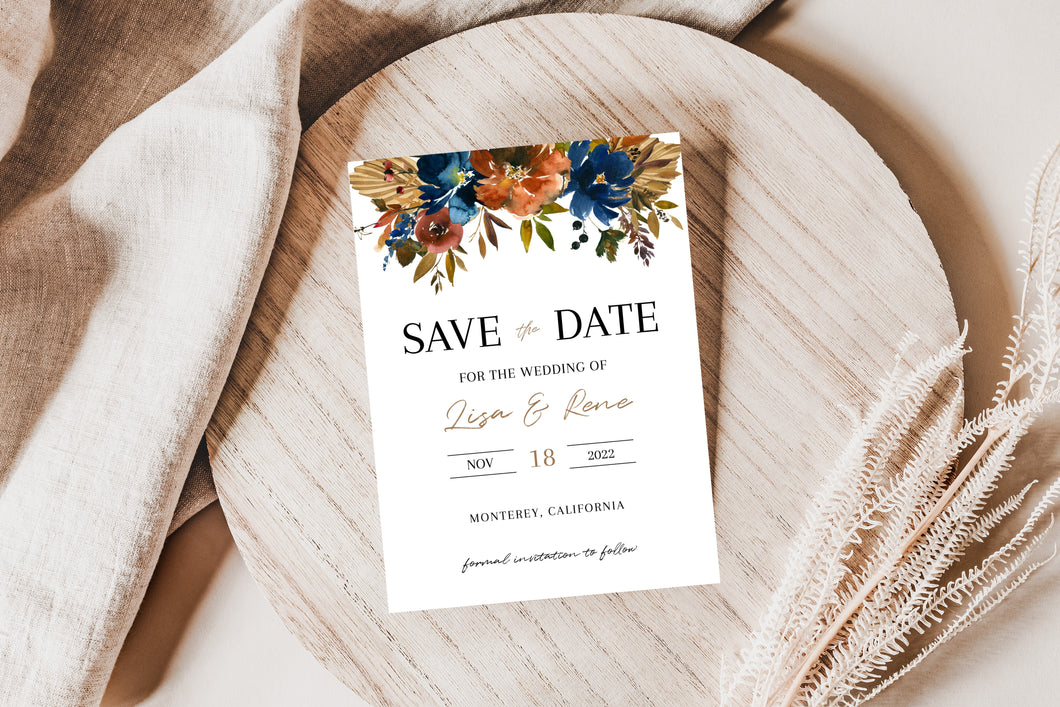 Autumn Rise Orange & Navy Blue with Gold Geometrical Frame Wedding Save the Date Card