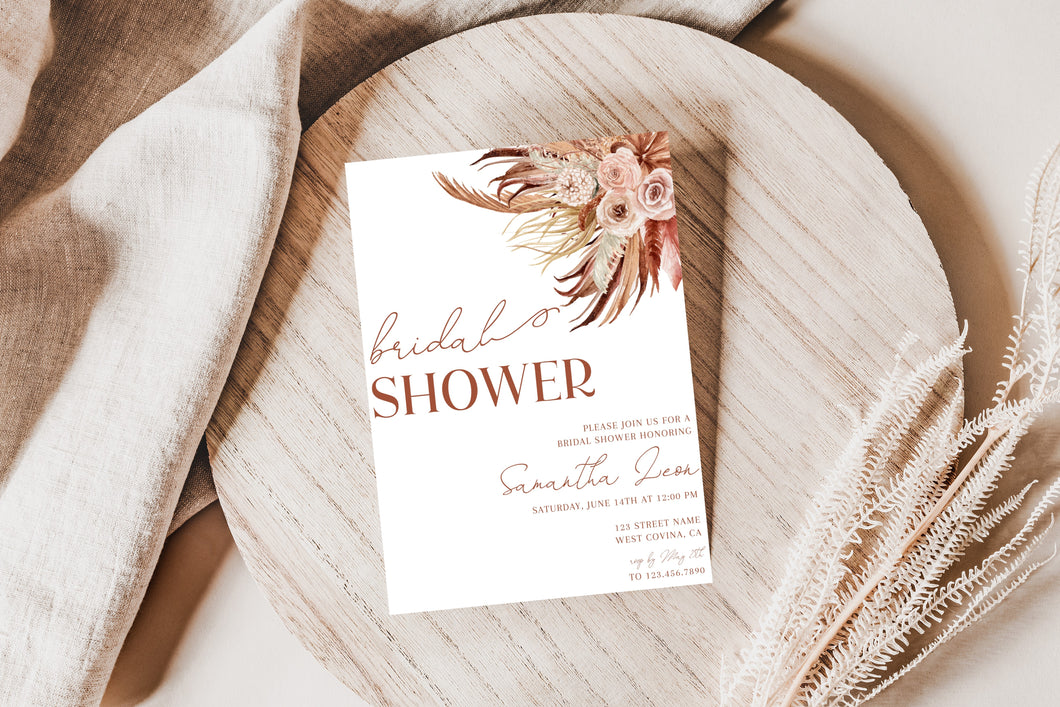 Boho Terracotta Modern Brown and Tan Neutral Floral Bridal Shower Invitation Print with Envelope